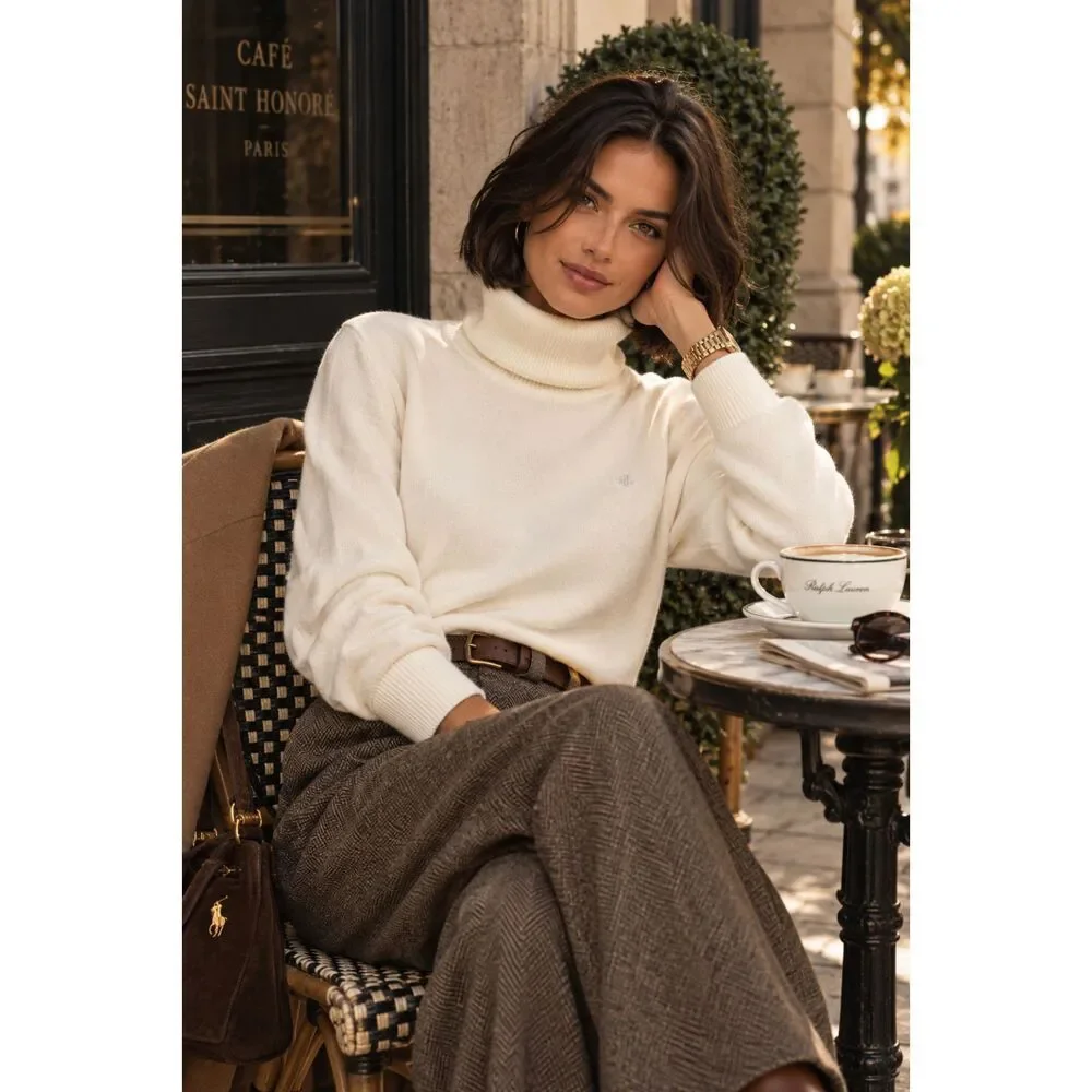 Lauren Ralph Lauren Womens Ivory Turtleneck Sweater LRL Logo Soft Knit